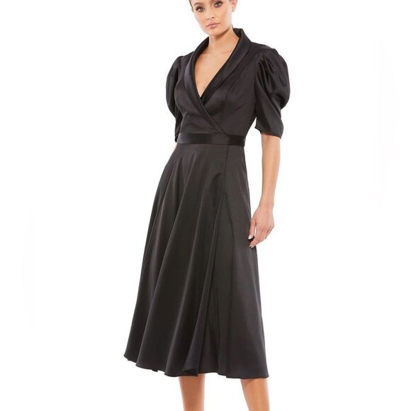 NWT Ieena for Mac Duggal Black Satin Lapel Puff Sleeve Tea Length Dress size 14 - Picture 1 of 16